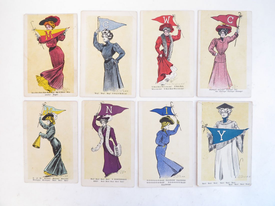 (8) Pennant Girl Postcards U Series 06-AH: Set of 8 Pennant Girl Postcards. U Series Copyright 06-A.H. Columbia, Yale, Wisconsin, Michigan, Chicago, Minnesota, Northwestern Illinois.