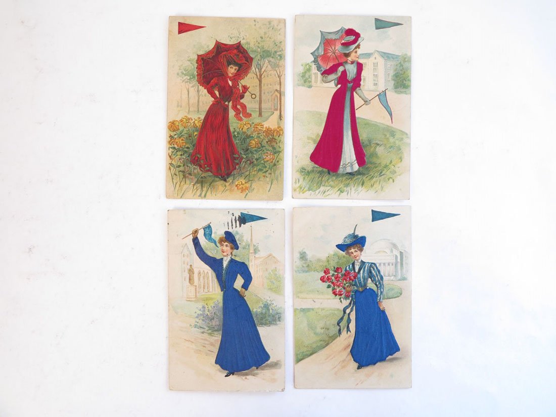 (4) Pennant Girl Postcards with Felt Dresses, Germany: Set of 4 Pennant Girl Postcards with Felt Dresses. Made in Germany.