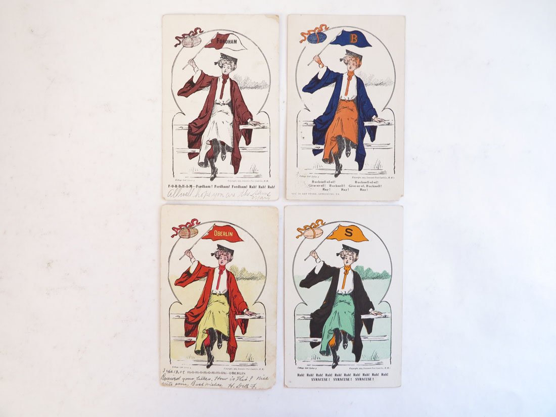 (4) Pennant Girl Postcards College Girl Series 5, 1905: Set of 4 Pennant Girl Postcards. College Girl Series 5. Copyright 1905 Souvenir Post Card Co. Fordham, Syracuse, Oberlin, Bucknell.