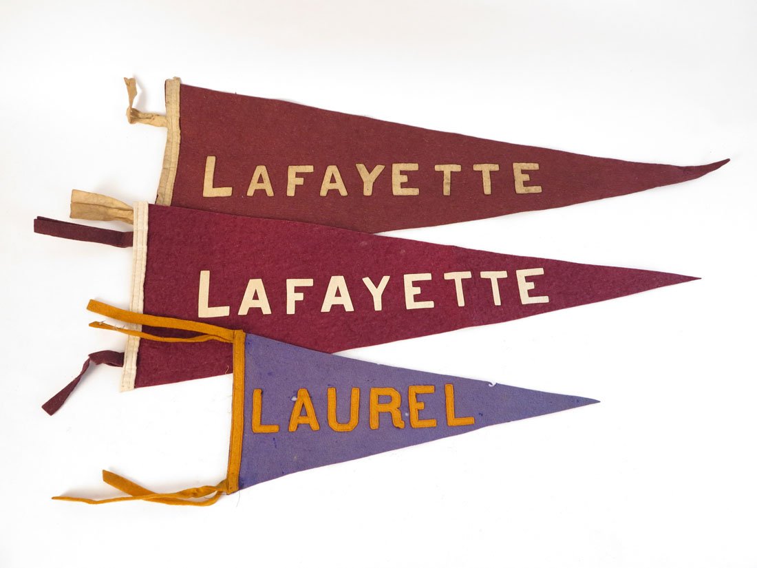 (3) Pennants, Lafayette, Laurel with Sewn on Letters: Lot of 3 Pennants. Lafayette(2), Laurel with Sewn on Letters and Some Holes. 14.5-25"