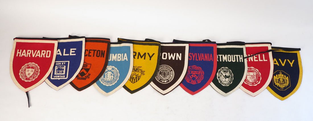 String of 10 Ivy League School Shield Pennants: String of 10 Shield Pennants. Army, Navy, Brown, Dartmouth, Harvard, Princeton, Pennsylvania, Yale, Columbia, Cornell. 7.5"