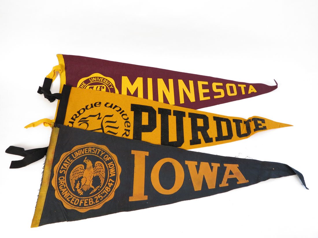 (3) College Pennants, Iowa, Purdue, Minnesota, 28": Lot of 3 College Pennants. Iowa, Purdue, Minnesota. 28"