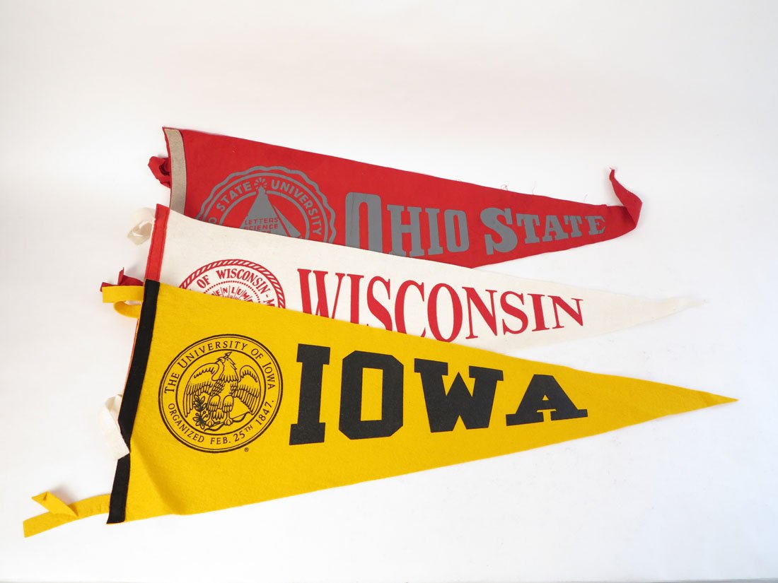 (3) College Pennants, Iowa, Wisconsin, Ohio State, 28": Lot of 3 College Pennants. Iowa, Wisconsin, Ohio State. 28"