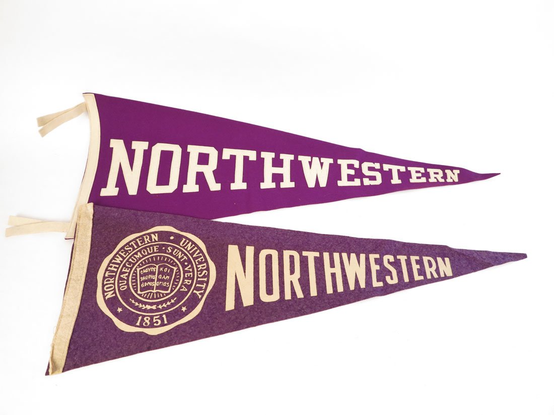 Pair of Northwestern University Pennants, 29": Pair of Northwestern Pennants. One with Sewn on Letters Made by Keezer Mfg Co. 29"