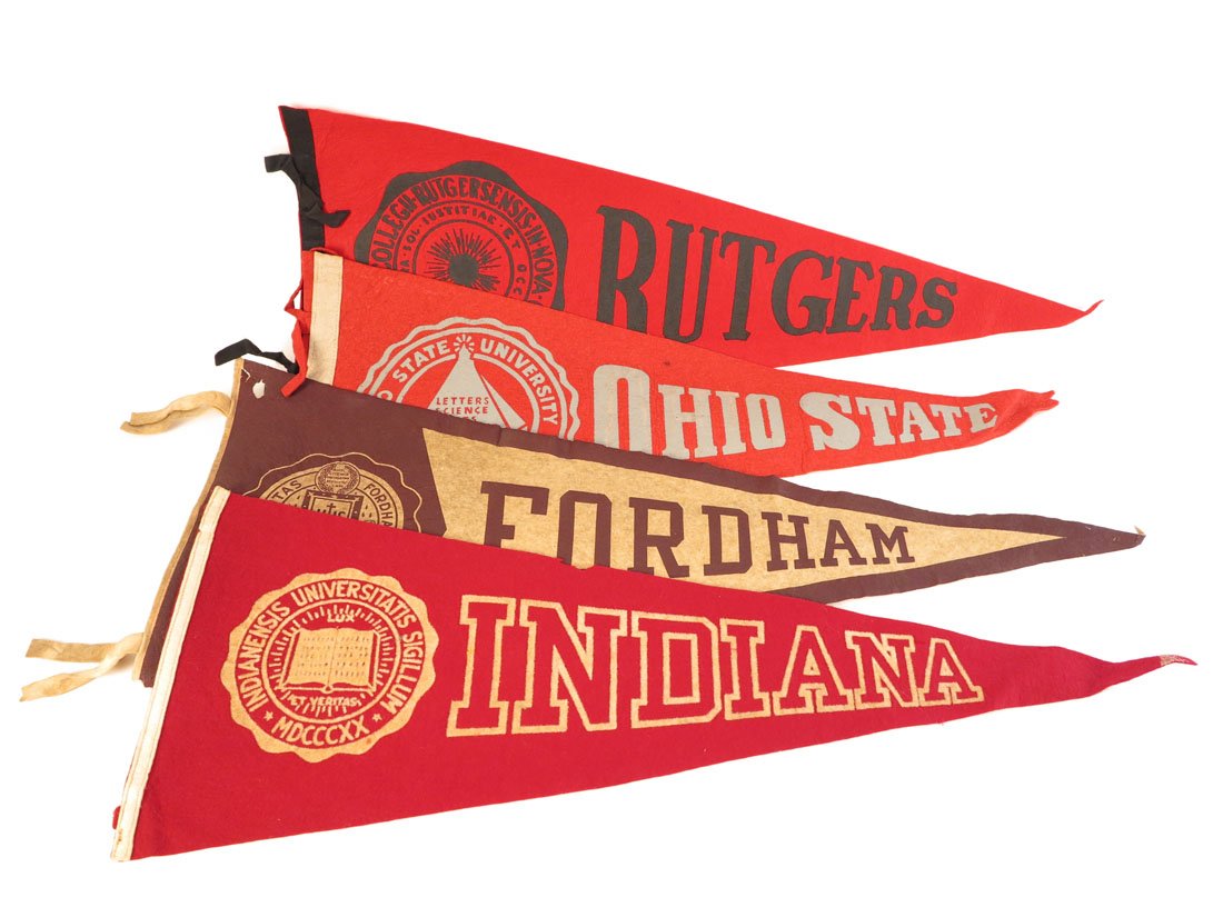 (4) College Pennants, Rutgers, Ohio State, Indiana: Lot of 4 College Pennants. Rutgers, Ohio State, Fordham(with hole), Indiana. 26-29"