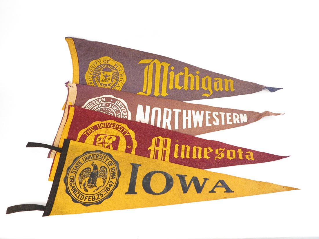 (4) College Pennants, Michigan, Northwestern, Iowa: Lot of 4 College Pennants. Michigan, Northwestern, Minnesota, Iowa. 26-28"