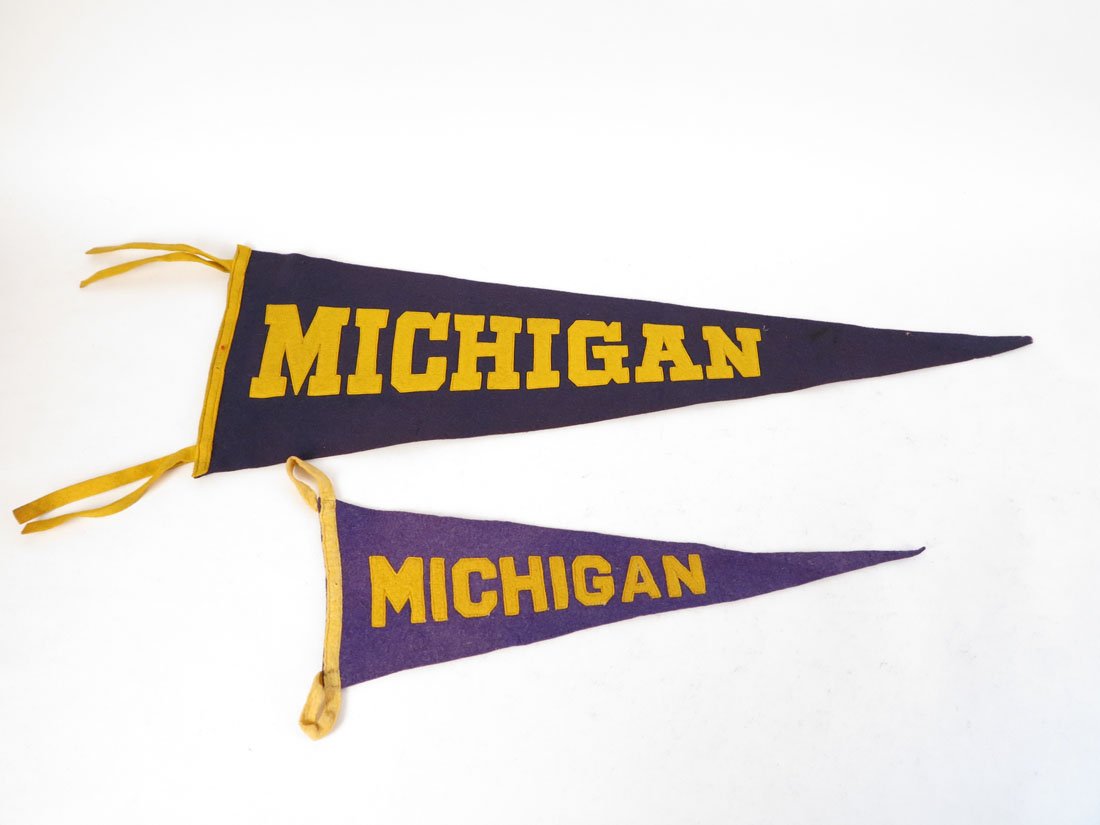 (2) University of Michigan Pennants, Sewn on Letters: Lot of 2 University of Michigan Pennants. Sewn on Letters. 16-25"