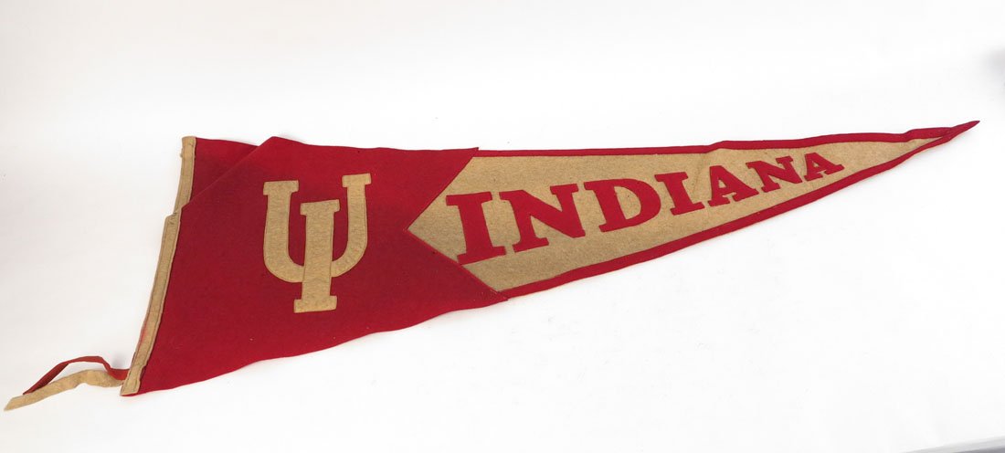 University of Indiana Pennant, Sewn on Letters, 38": University of Indiana Pennant. Sewn on Letters. Missing one fringe. 38"