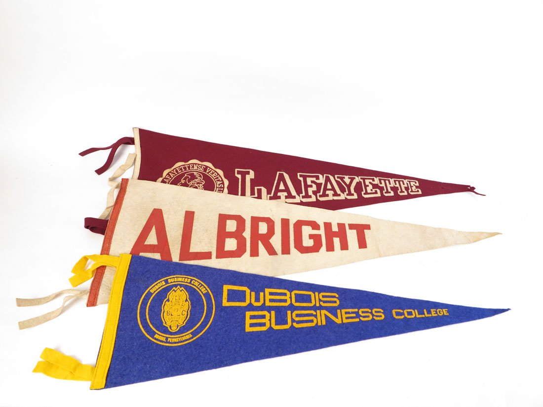 (3) College Pennants, Lafayette, Dubois Business,: Lot of 3 College Pennants. Lafayette(damage to the tip), Albright, Dubois Business College. 26-28"