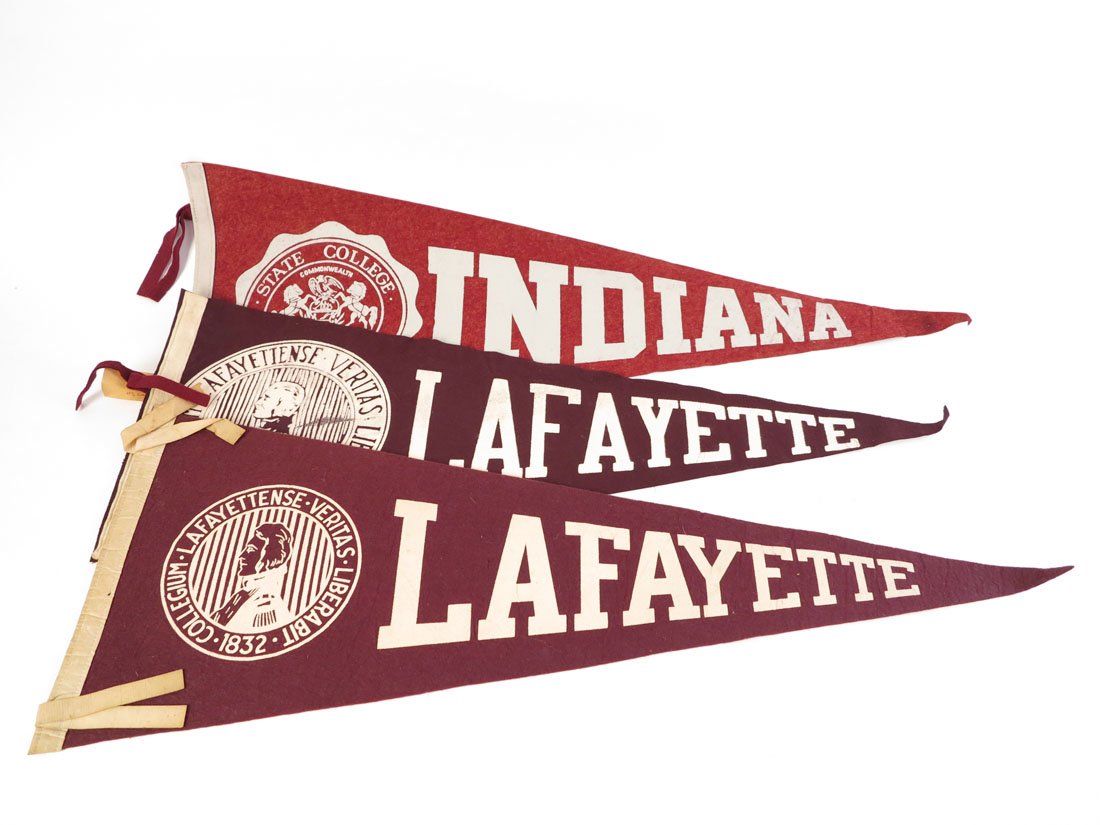 (3) College Pennants, Indiana, Lafayette: Lot of 3 College Pennants. Indiana, Lafayette(2). 28-29"