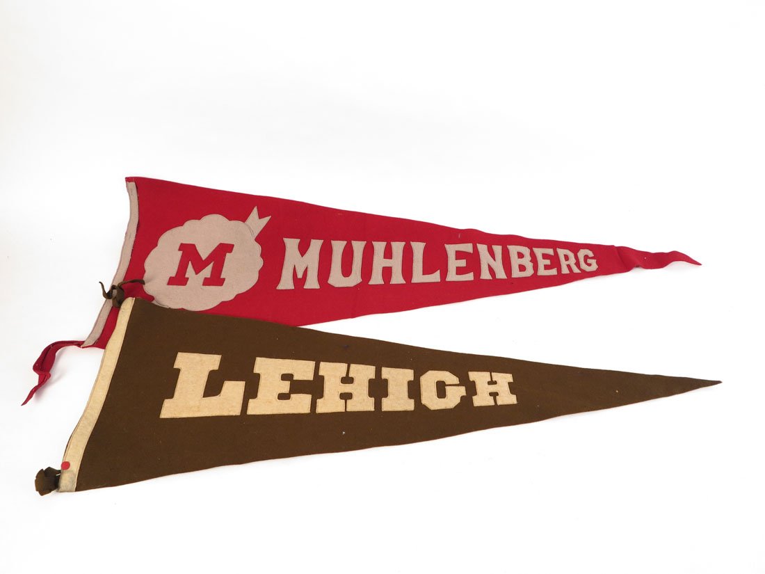 (2) College Pennants, Sewn on Letters, Lehigh: Lot of 2 College Pennants. Sewn on Letters. Muhlenberg(missing top fringe), Lehigh. 30-33"