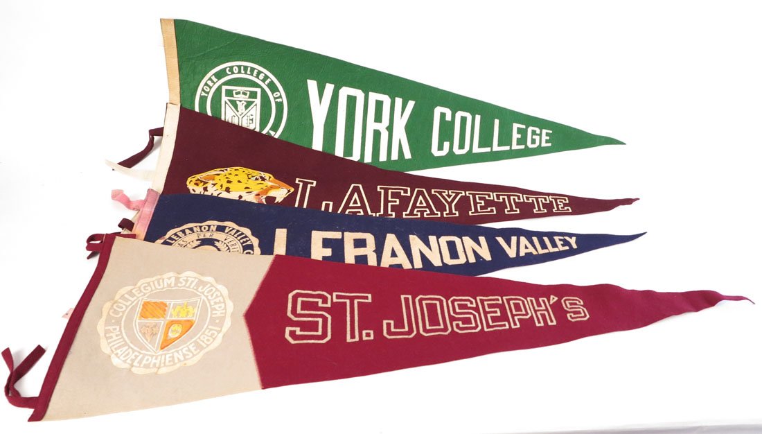 (4) College Pennants, York, Lafayette, St. Joseph's: Lot of 4 College Pennants. Lafayette, Lebanon Valley, St. Josephs, York College. 30-33"