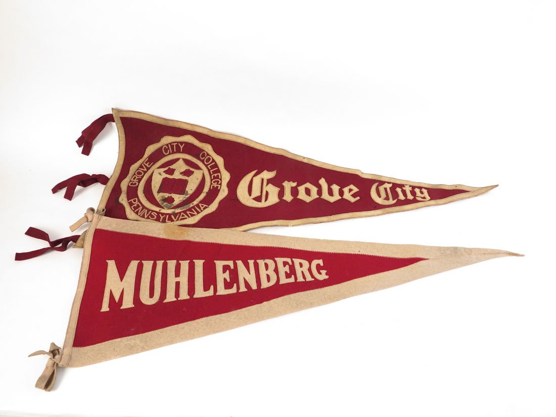 (2) College Pennants, Sewn on Letters, Grove City: Lot of 2 College Pennants. Sewn on Letters. Muhlenberg, Grove City Made by The Standard Pennant Co. Big Run PA. 29.5-30"
