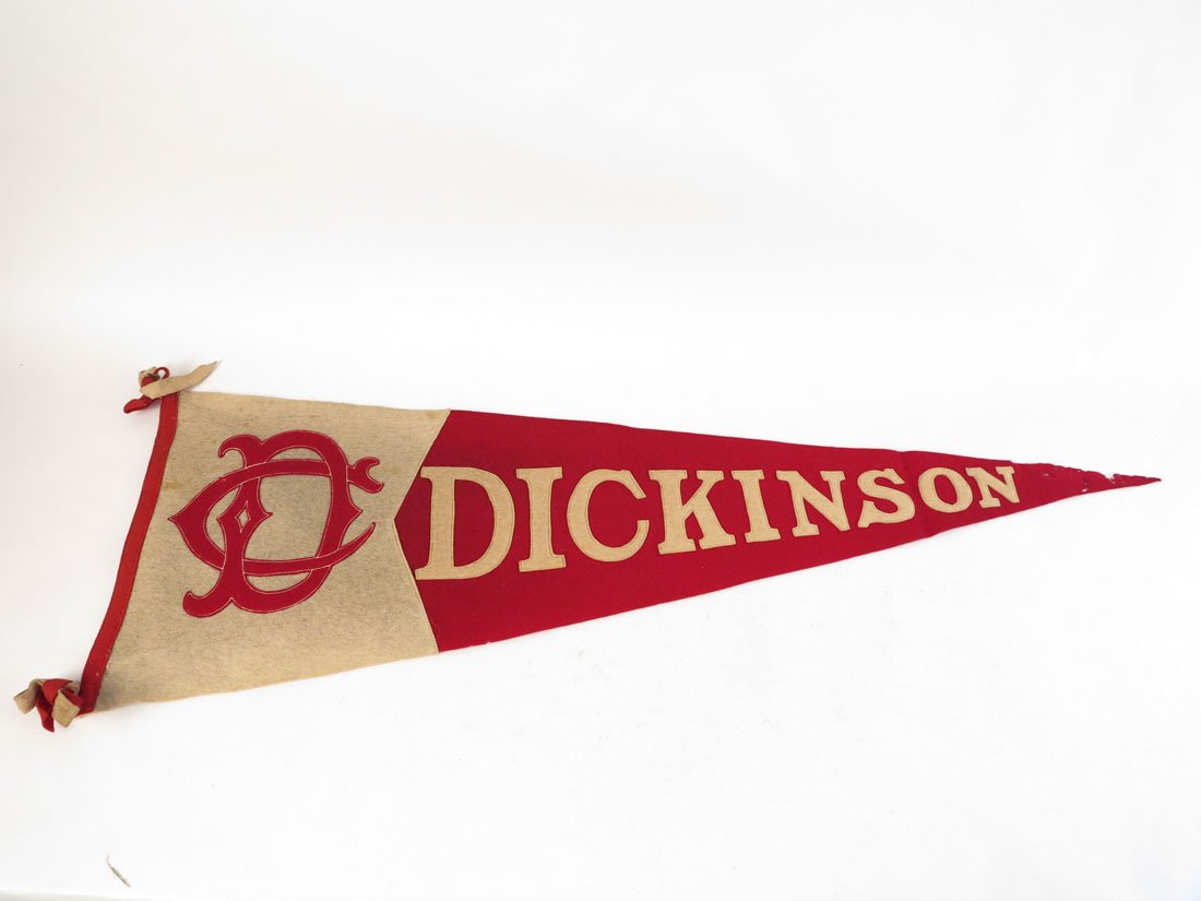 Dickinson College Pennant with Sewn on Letters, 36": Dickinson College Pennant with Sewn on Letters. Tip with damage. 36"