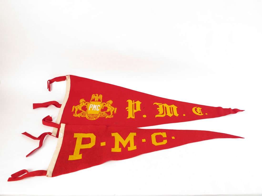 Pair of Pennsylvania Military College Pennants: Pair of P.M.C. Pennants. Sewn on Letters. Large by Standard Pennant Co. Big Run PA. 29-33"