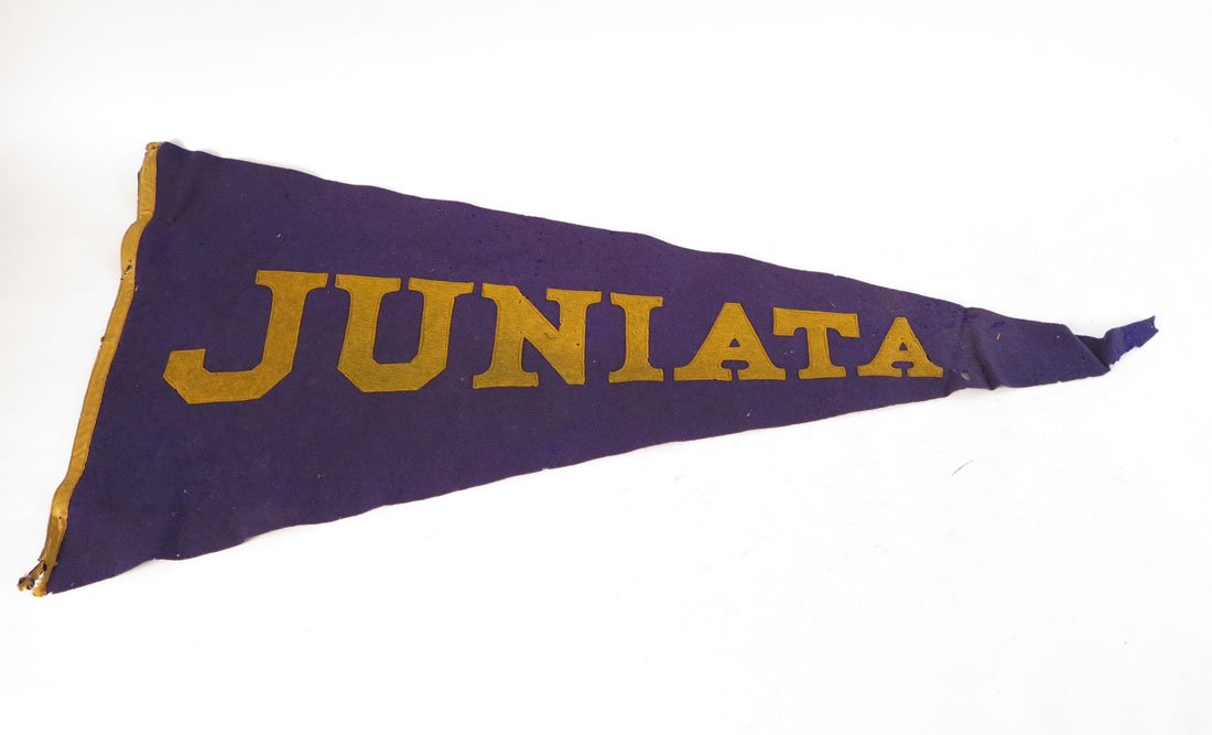 Juniata College Pennant with Sewn on Letters, 34": Juniata College Pennant with Sewn on Letters. Some holes. Made by The W.C. Kern Co. 34"