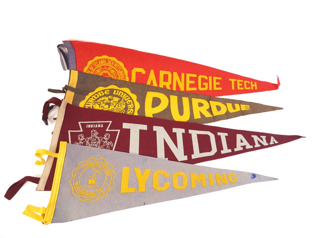 (4) College Pennants, Lycoming, Carnegie Tech, IUP: Lot of 4 College Pennants. Lycoming, Purdue, Carnegie Tech, Indiana University of Pennsylvania. 23-29"