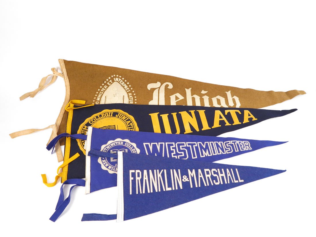(4) College Pennants, Lehigh, Juniata, F&M: Lot of 4 College Pennants. Lehigh, Juniata, Westminster College, Franklin & Marshall. 18-33"