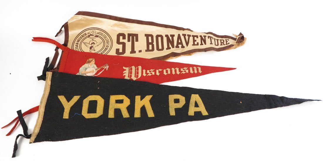 (3) College & H.S. Pennants, Wisconsin, St. Bonaventure: Lot of 3 Pennants. Wisconsin(Made by The Reproduction Co), St. Bonaventure(Loose from backing), York PA(Sewn on Letters).24-34"