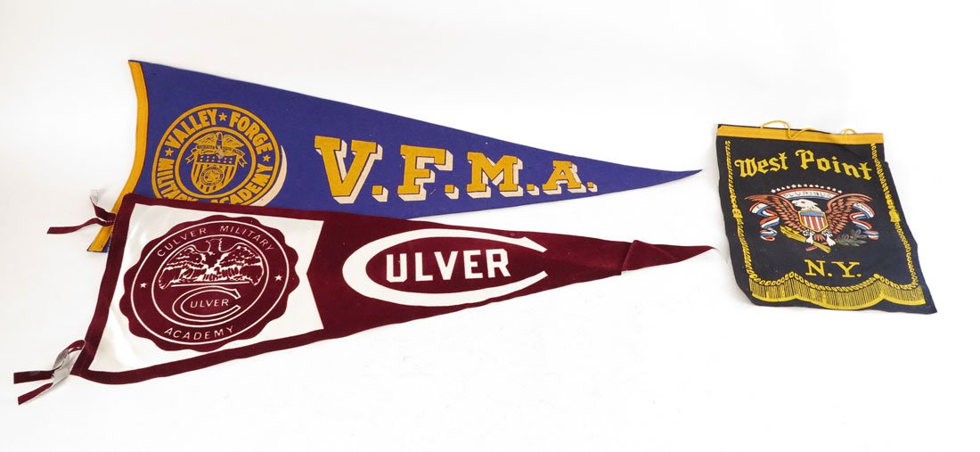 (3) Pennants, West Point, Culver Military Academy: Lot of 3 Pennants. Valley Forge Military Academy, Culver Military Academy, West Point(8.5x11"). Pennants: 29"