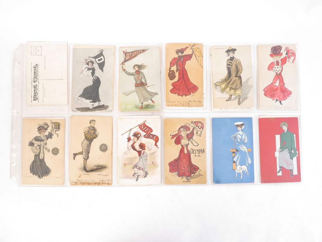 (23) College Pennant Girl Postcards, Tilton Seminary: Lot of 23 College Pennant Girl Postcards. Including: Northwestern, Culver Military Academy, Tilton Seminary, Vermont, Stevens, Queens.