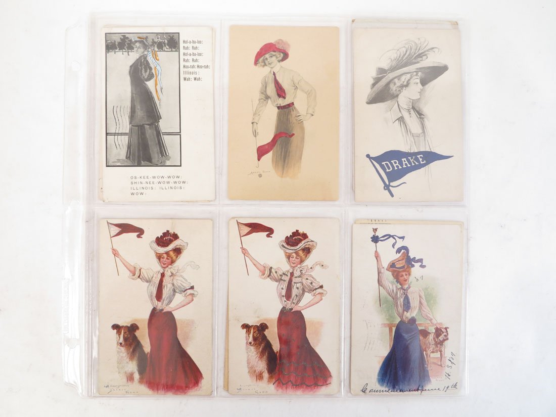 (12) College Pennant Girl Postcards, Christy, Gunn: Lot of 12 College Pennant Girl Postcards. 3 by Archie Gunn, 1 F. Earl Christy. Including: Drake. Colby, Wayland.