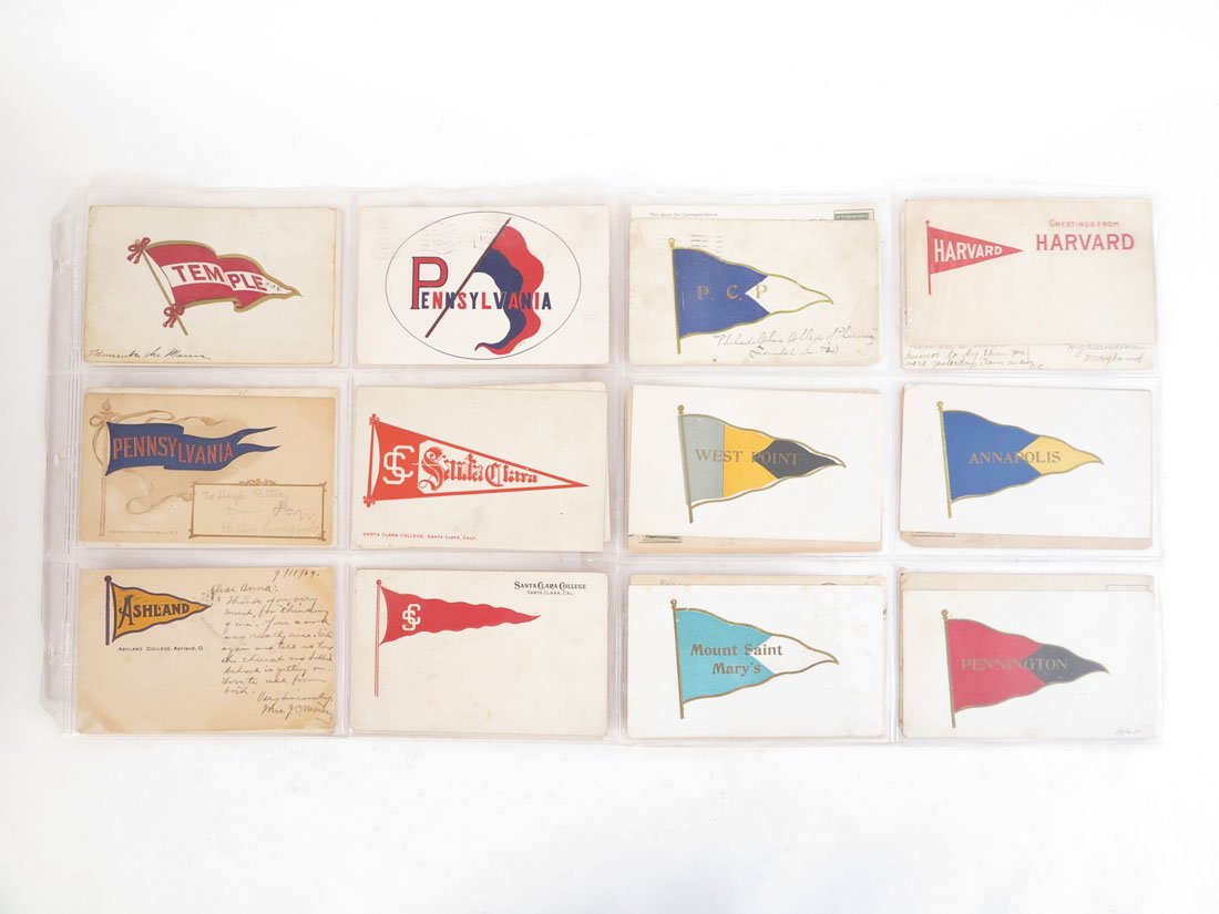 (24) College Pennant Postcards, Ashland, Santa Clara: Lot of 24 College Pennant Postcards. Including: Ashland College, Pennsylvania, Santa Clara College, Kee-Mar, Annapolis, Chicora, Stetson, Columbia, Harvard.