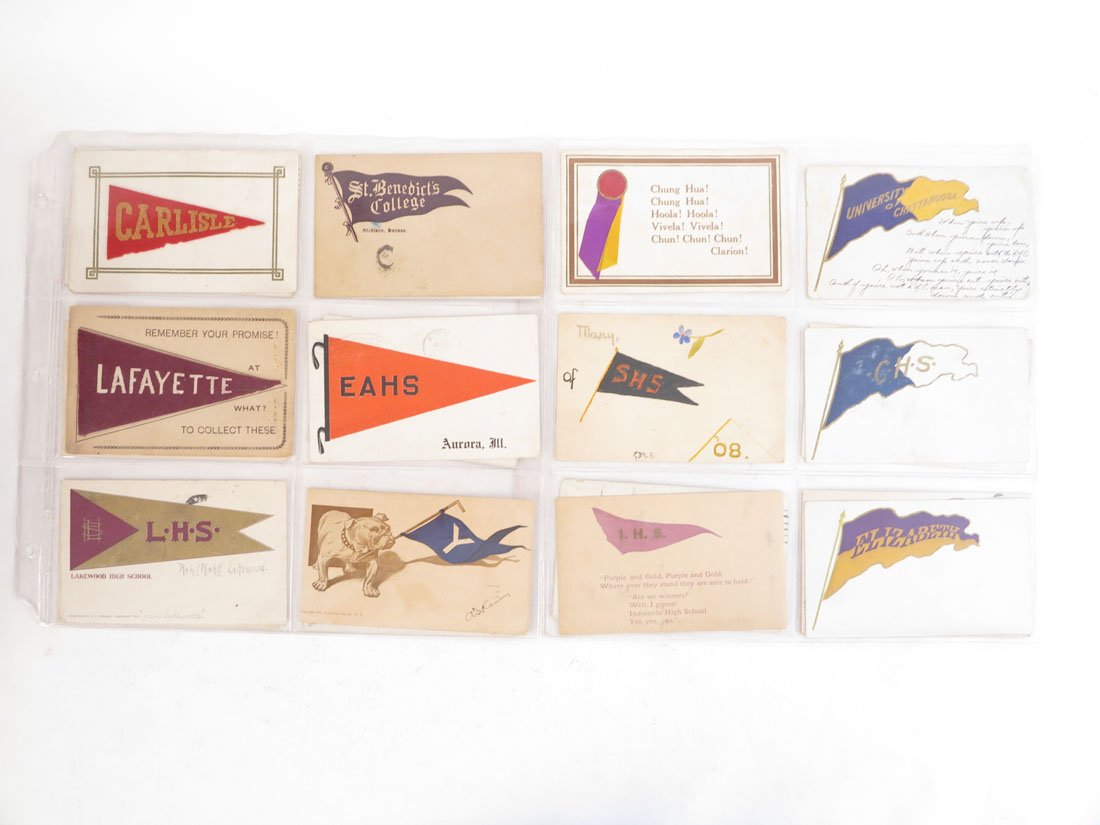 (21) College & High School Pennant Postcards: Lot of 21 College & High School Pennant Postcards. Including: University of Chattanooga, Columbia College, Yale, Michigan, Lakewood HS, Lafayette(with Felt Pennant), Carlisle(with Felt Pennant).