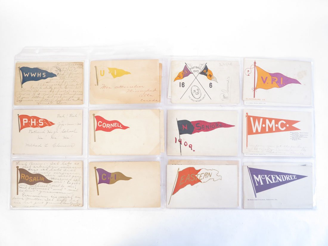(24) College & High School Pennant Postcards: Lot of 24 College & High School Pennant Postcards. Including: VPI, VPI vs Army Football 1905, Michigan, Columbia, Princeton, Drake, Olivet, Fremont College.