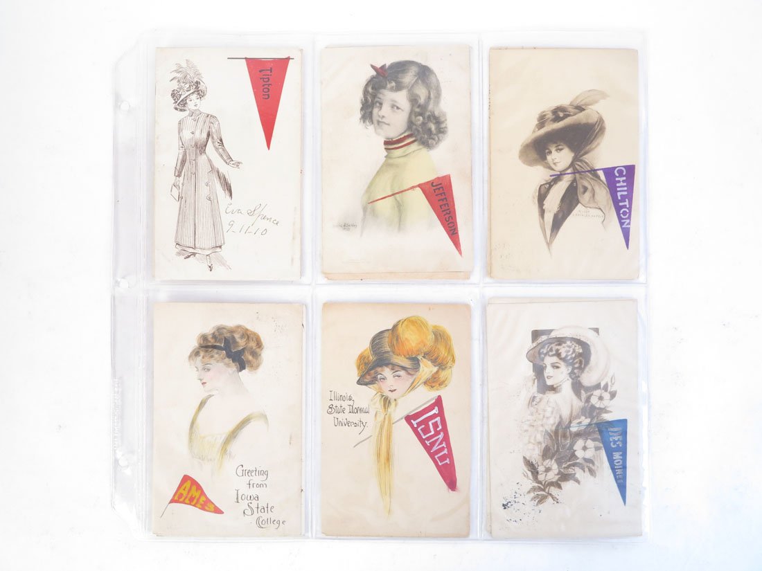 (12) College Pennant Girl Postcards, Chilton, Jefferson: Lot of 12 College Pennant Girl Postcards. Including: Chilton, Jefferson, Illinois State Normal University, Chicago, Newburg.