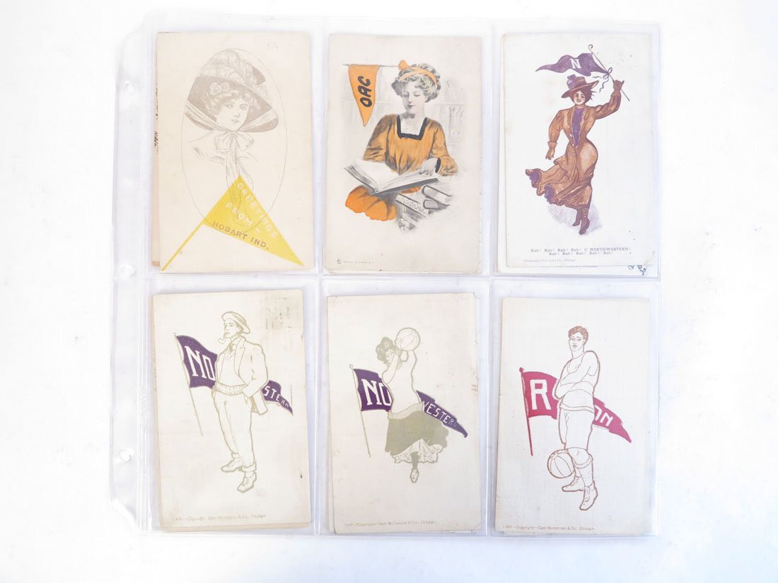 (12) College Pennant Girl Postcards, Winking Girl: Lot of 12 College Pennant Girl Postcards. Including: Northwestern Basketball Girl & Coach. The Winking Girl Copyright 1906: Harvard & Yale.