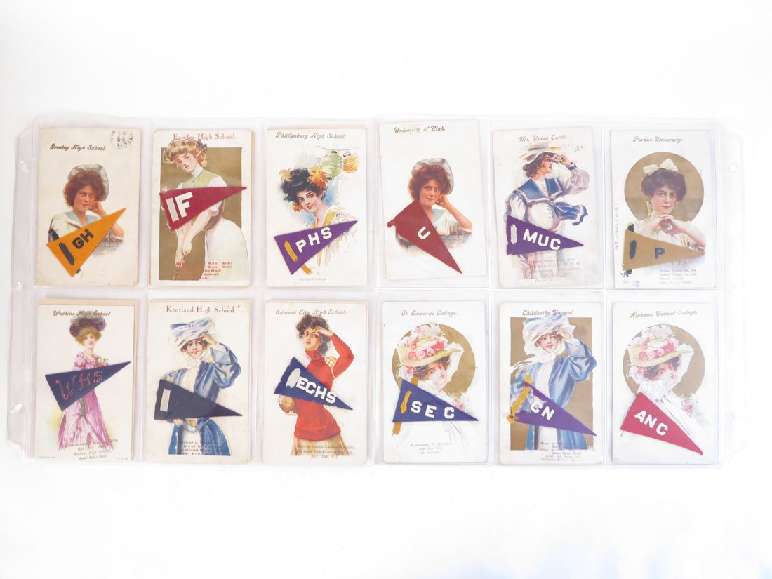 (18) College & H.S. Pennant Girl Postcards, Felt: Lot of 18 College & High School Pennant Girls with Felt Pennants Postcards. Including: Fowler HS, Ellwood City HS, Kentland HS, Concordia Normal and Business College, University of Utah.
