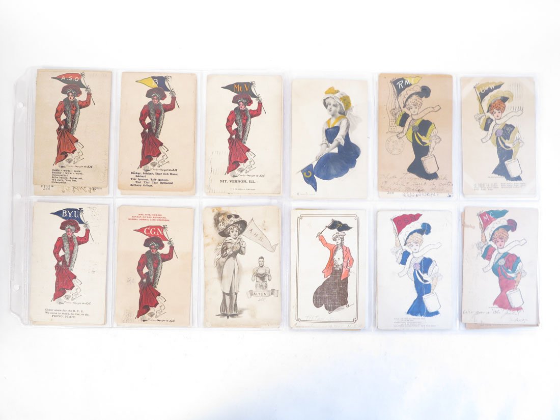 (24) College Pennant Girl Postcards, BYU, Texas: Lot of 24 College Pennant Girl Postcards. Including: BYU, Mt. Vernon, Texas, Wooster, Thiel, Oklahoma.