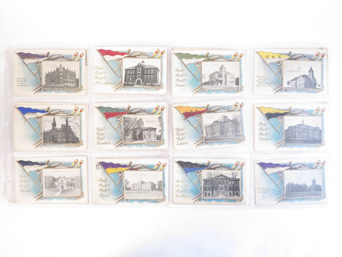 (22) College & High School Pennant, Building Postcards: Set of 22 College & High School Pennant and Building Postcards. Copyright 1908 By Fred C. Lounsbury. Including: Drake, Cornell College, Scranton HS Iowa, Ashland, Clarksville HS Iowa.