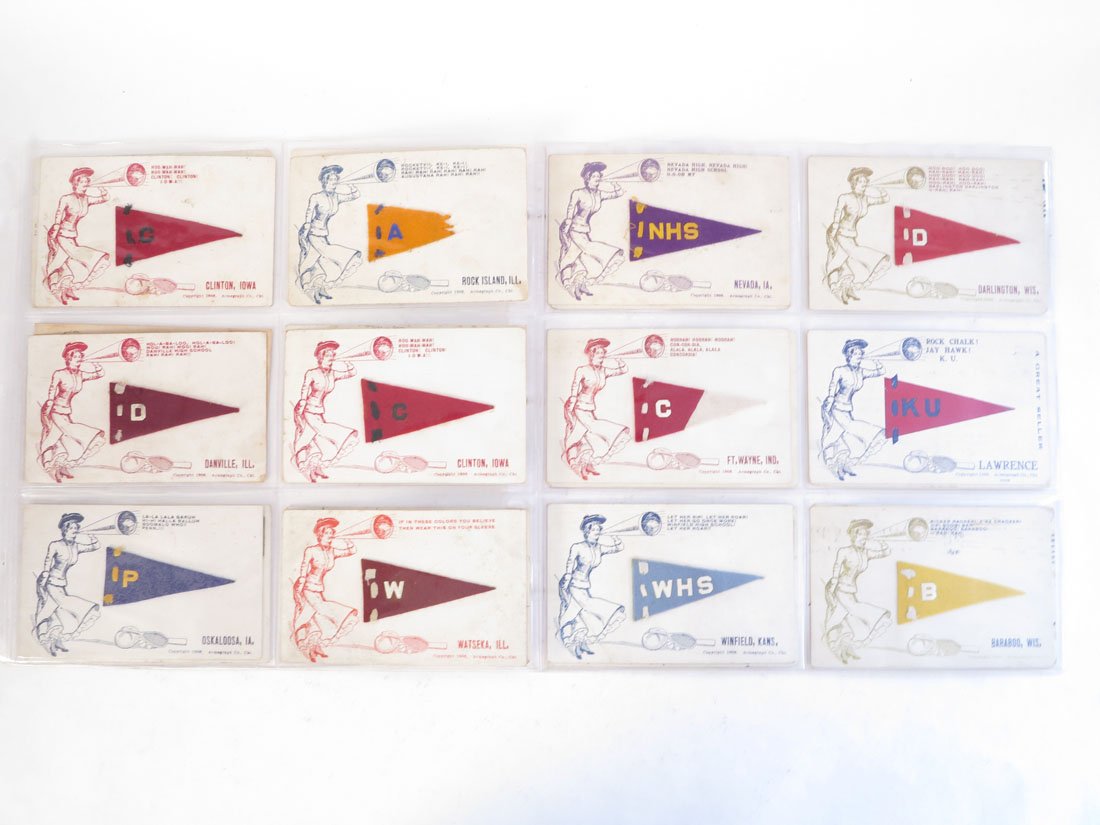 (24) College & High School Felt Pennant Postcards: Set of 24 College & High School Felt Pennant Postcards. Copyright 1908. Acmegraph Co. Chi. Including: Concordia, Kansas, Baraboo, Clinton Iowa, Wilson Chambersburg PA.