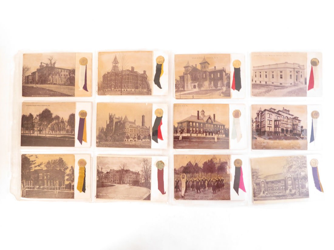 (22) College & H.S. Seal & Silk Ribbon Postcards: Set of 22 College & High School Seal with Silk Ribbon Campus Building Postcards. Including: Lombard College, Knox, Marshall, Oil City PA HS.