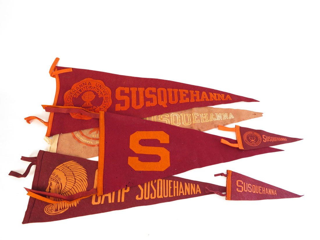 (6) Susquehanna University Pennants: Lot of 6 Susquehanna University Pennants. "S" Pennant with Sewn on Letter and some holes.8.5-28"