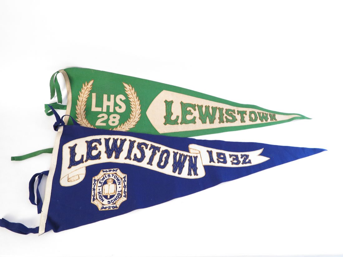 (2) Lewistown PA High School 1928 & 1932 Pennants 35": Lot of 2 Lewistown PA High School 1928 & 1932 Pennants. Sewn on Letters. 35"