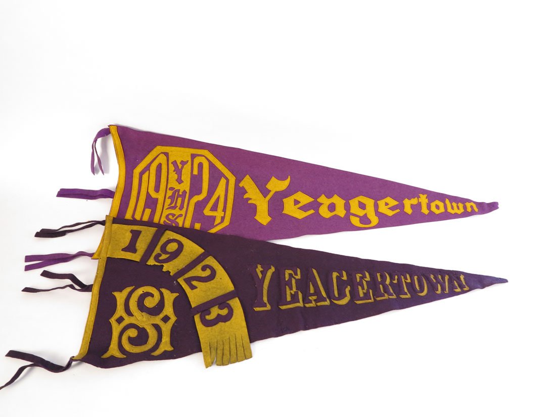 Yeagertown PA High School 1923 & 1924 Pennants: Yeagertown PA High School 1923 & 1924 Pennants. Sewn on Letters. Some damage to 1923. 32", 34"