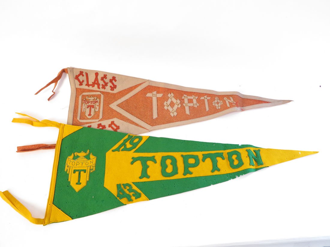 Topton PA High School 1939 & 1943 Pennants: Topton PA High School 1939 & 1943 Pennants. Sewn on Letters. 29", 31"