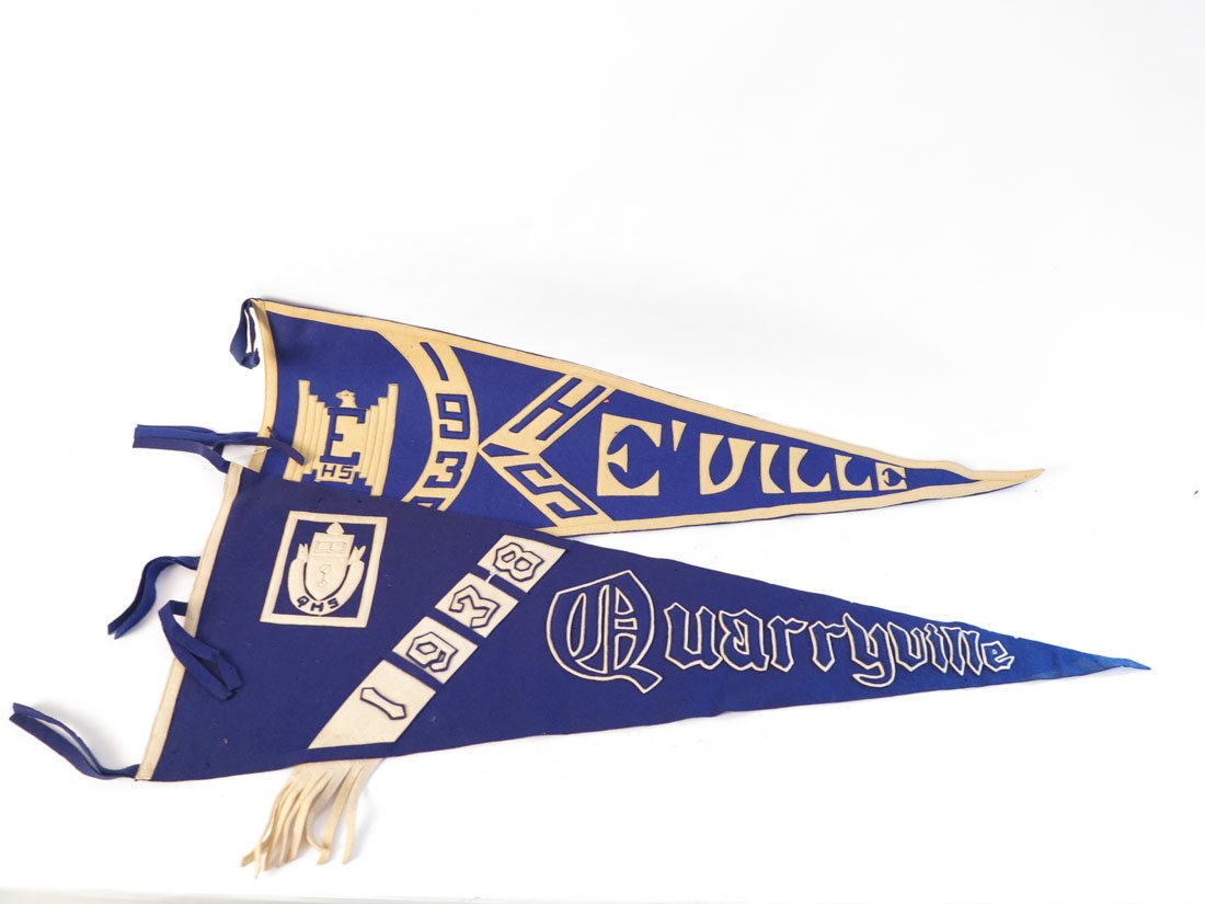 (2) PA High School Pennants, Elizabethville,: Lot of 2 Pennants. Elizabethville PA High School 1932. Quarryville PA High School 1938. Sewn on Letters. 36"