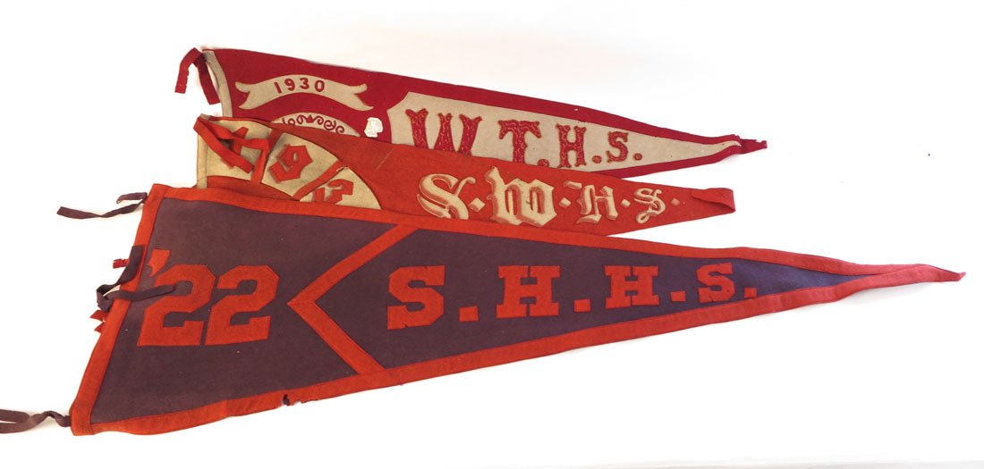 (3) Unidentified High School Pennants: Lot of 3 Unidentified High School Pennants. SHHS 1922, SWHS 1930, WTHS 1930. Sewn on Letters. 33-44"