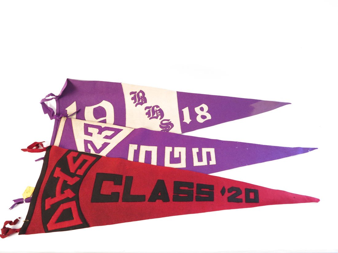 (3) Unidentified High School Pennants: Lot of 3 Unidentified High School Pennants. EHS 1918, OHS 1920(Orbinsonia High School), SGS 1923. Sewn on Letters. 34-36"