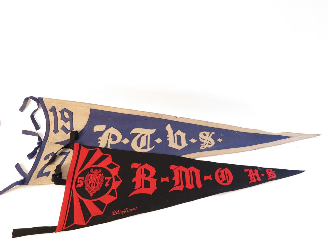 (2) Unidentified High School Pennants: Lot of 2 Unidentified High School Pennants. PTHS 1927, BMOHS 1957. Sewn on Letters. 35", 46"