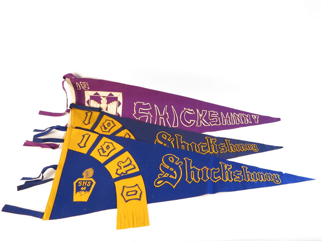 (3) Shickshinny PA H.S. Pennants, 1932, 1940: Lot of 3 Shickshinny PA High School Pennants. 1932, 1940, 1940, Sewn on Letters. 34-35"