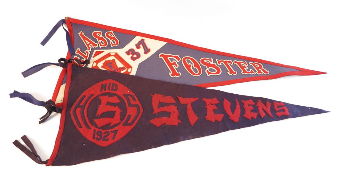 (2) High School Pennants. Foster 1937, Steven 1927: Lot of 2 High School Pennants. Foster 1937, Steven 1927. Sewn on Letters. 32", 35"
