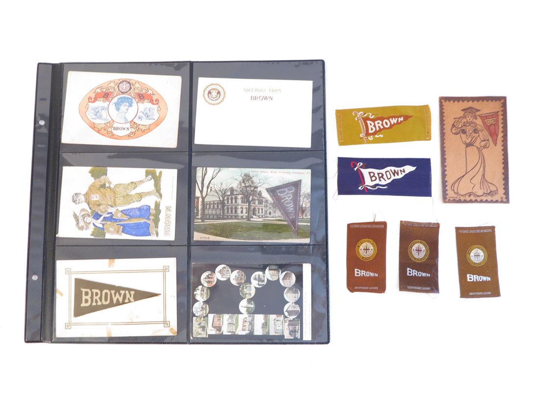 (12) Brown Postcards, Tobacco Silks & Leathers: Collection of 12 University of Brown Postcards, Felt Pennant Postcards, Tobacco Silks & Tobacco Leathers.