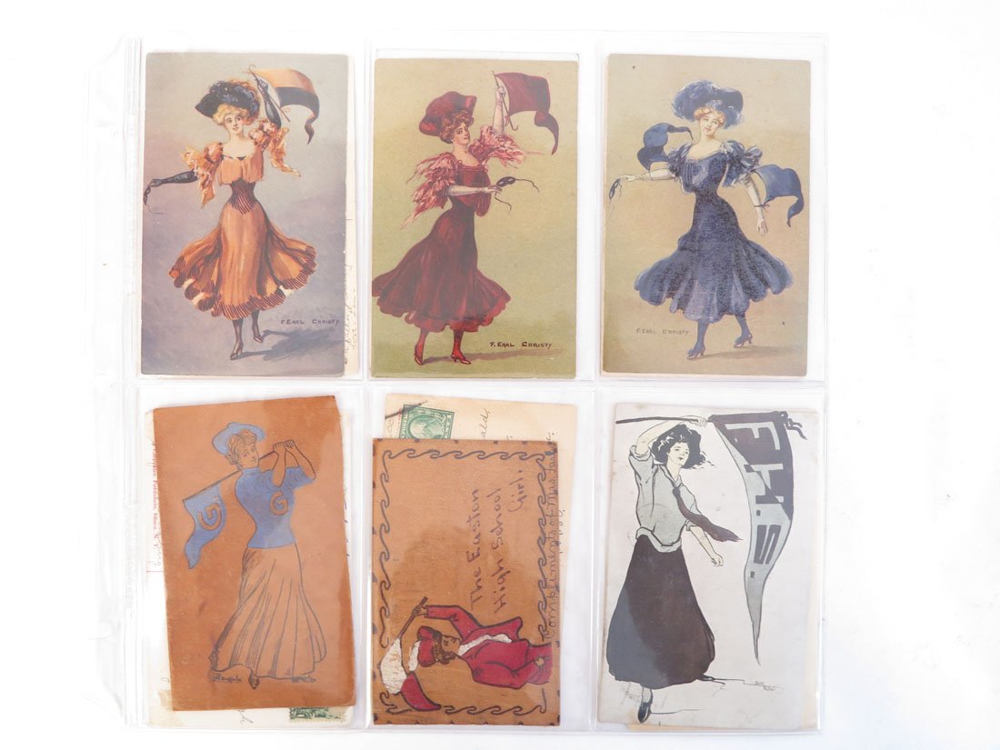 (12) College Pennant Girl Postcards, Christy, Leather: Lot of 12 College Pennant Girl Postcards. Including: 2 Leather, 3 by F. Earl Christy.