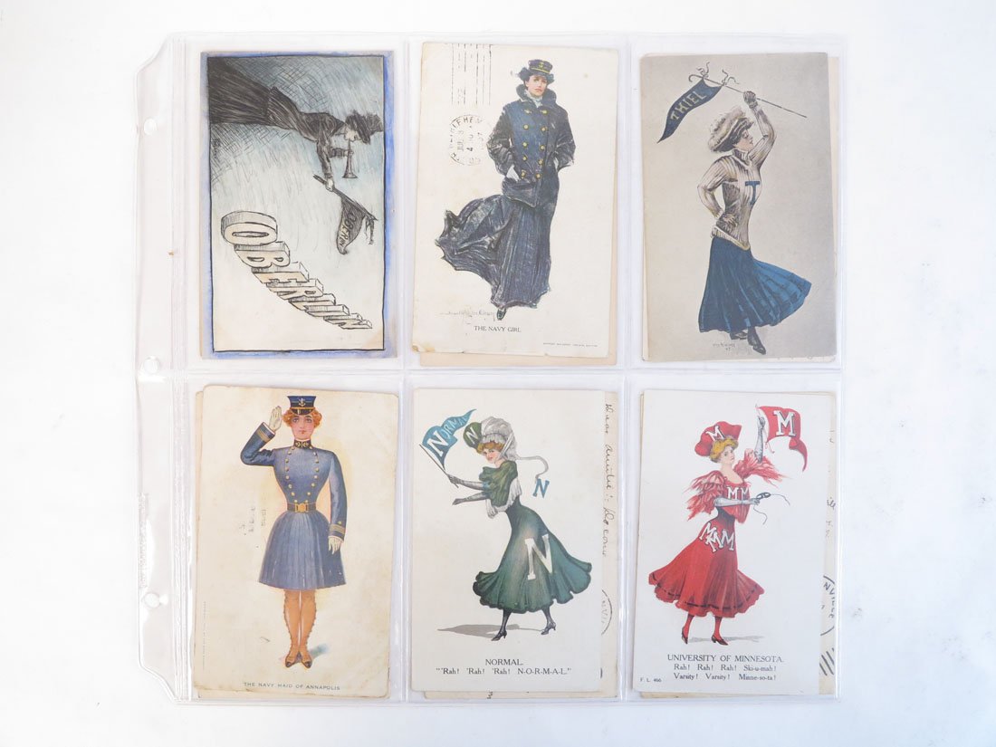 (12) College Pennant Girl Postcards, Normal, Thiel: Lot of 12 College Pennant Girl Postcards. Including: Normal, Thiel, Minnesota, Navy Maid of Annapolis, Oberlin, Cherokee, Perdue.
