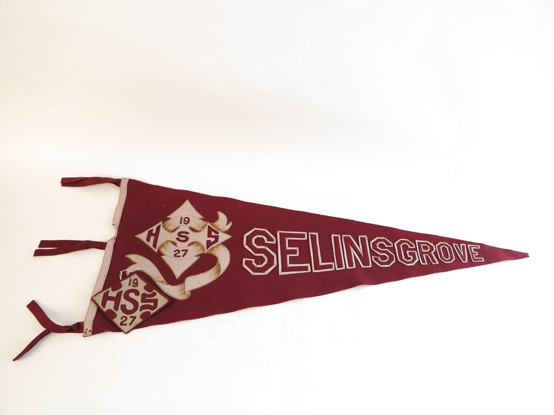Selinsgrove High School 1927 Pennant with Patch: Selinsgrove High School 1927 Pennant. With Matching Patch. Sewn on Letters. Some damage. 34"